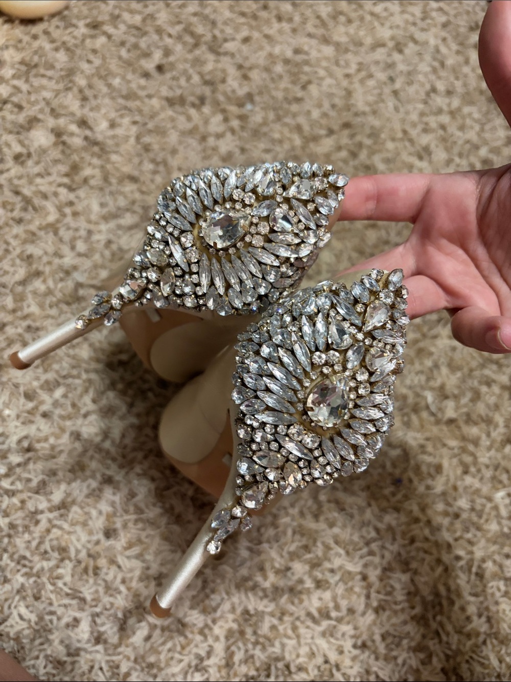 Badgley Mischka Cream Satin Pointed-Toe Pumps with Crystal Embellishment - Picture 3 of 4